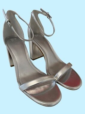 bp Silver Metallic Ankle-Strap Block Heels